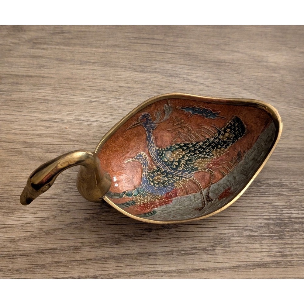 Poompuhar Vintage Brass Swan Dish Enameled Bird Scene Trinket Bowl India